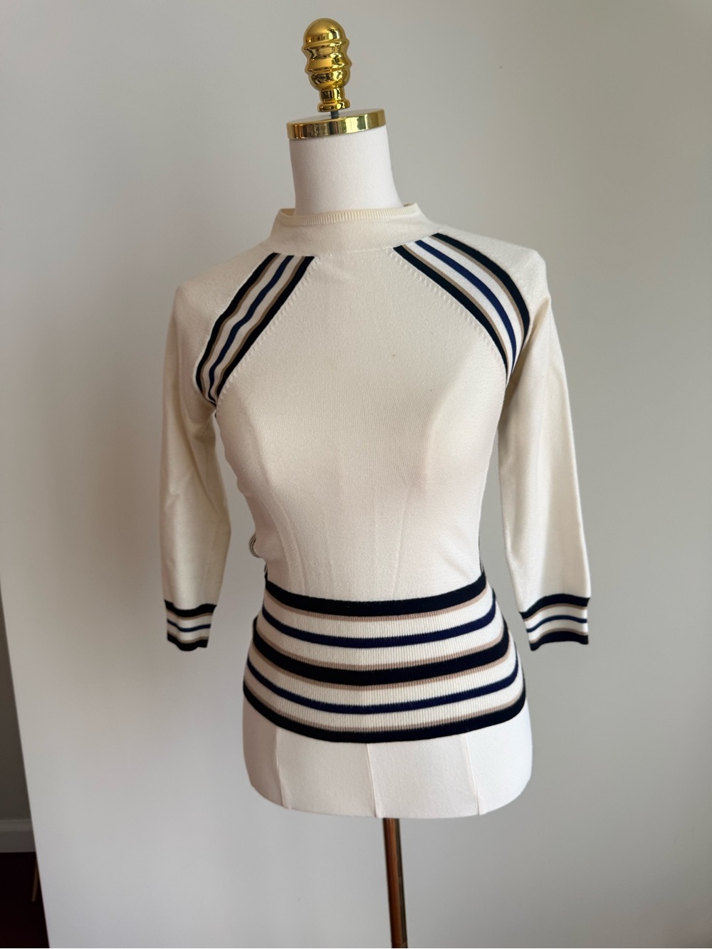 Karen Millen Cream Sweater with Navy and Black Stripe Accents